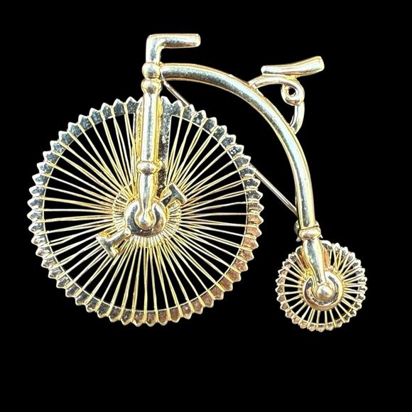 Monet Jewelry - Vintage Signed MONET Gold Tone Old Fashioned High Wheel Bicycle Bike Pin Brooch